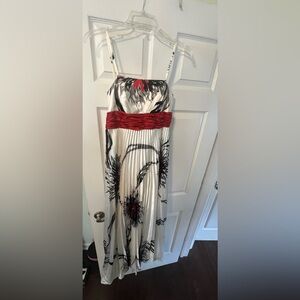 Scala Pleated White Maxi Dress with Red Waistband and Black Floral Print